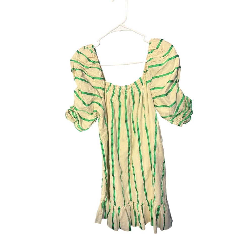 English Factory Green Cream Striped Puff Sleeve Ruffle Mini Dress Small Women